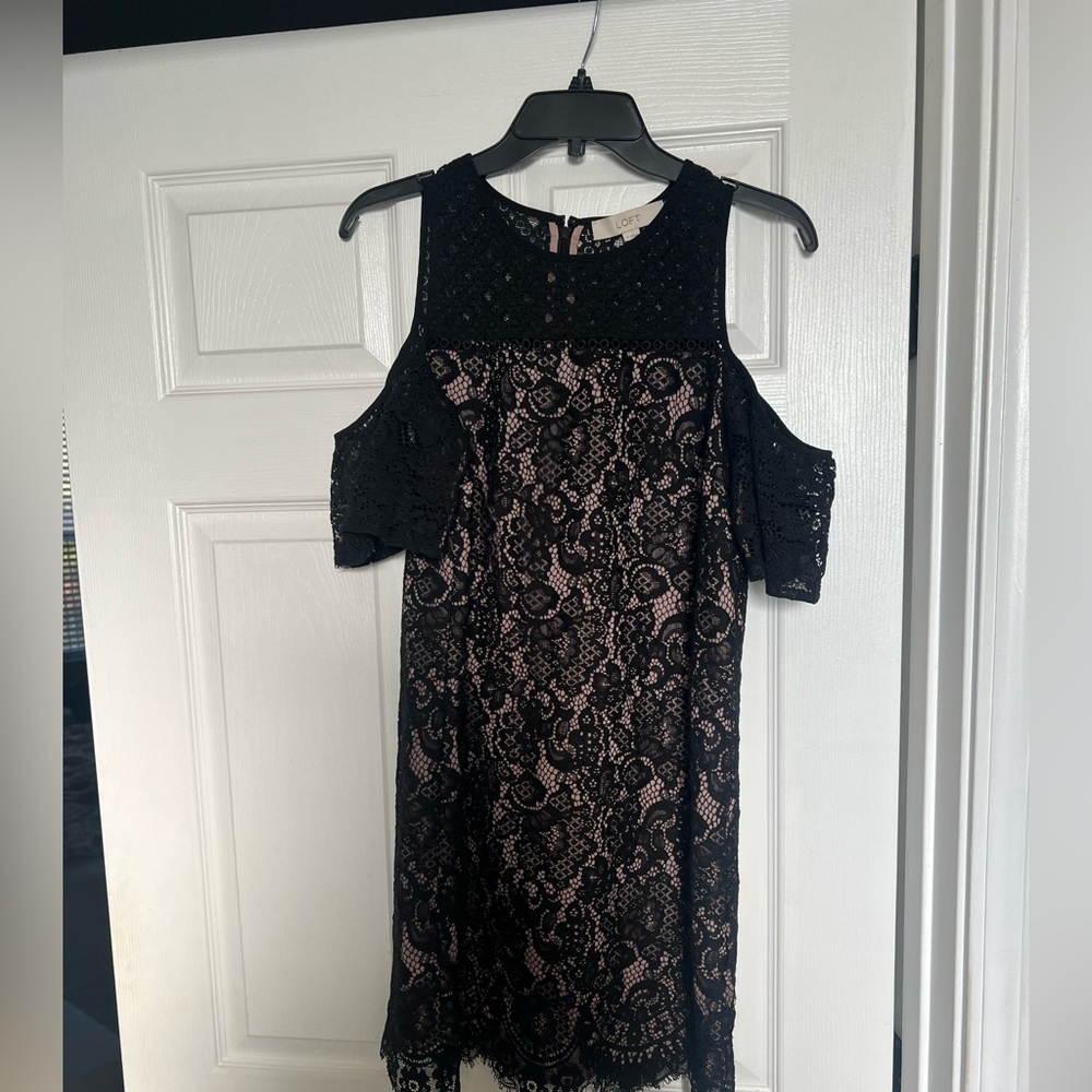 LOFT Black and Pink Lace Cold Shoulder Mini Dress